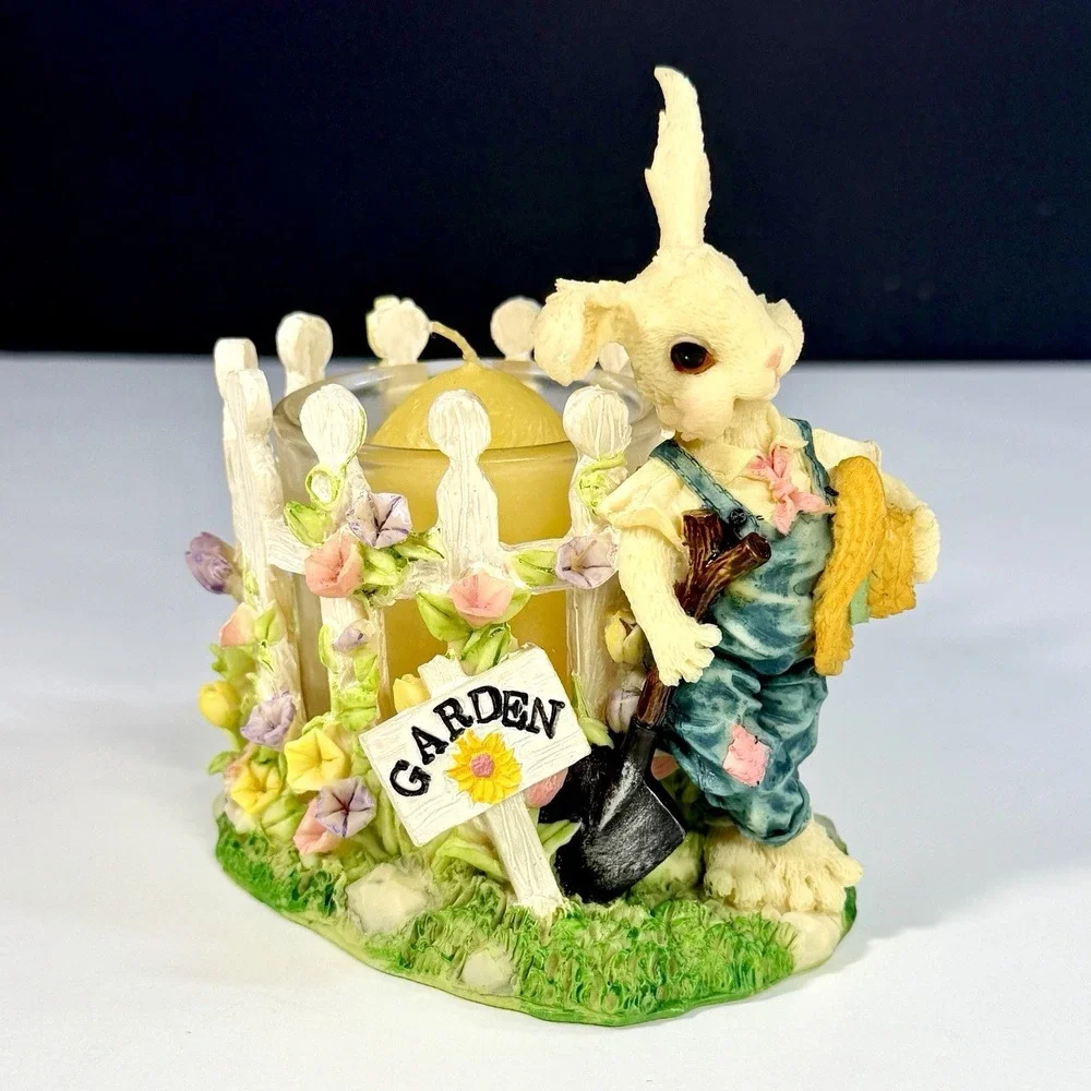 VTG Bunny Rabbit Easter‎ Garden Candle Holder Picket Fence Flowers Spring 4 1/2